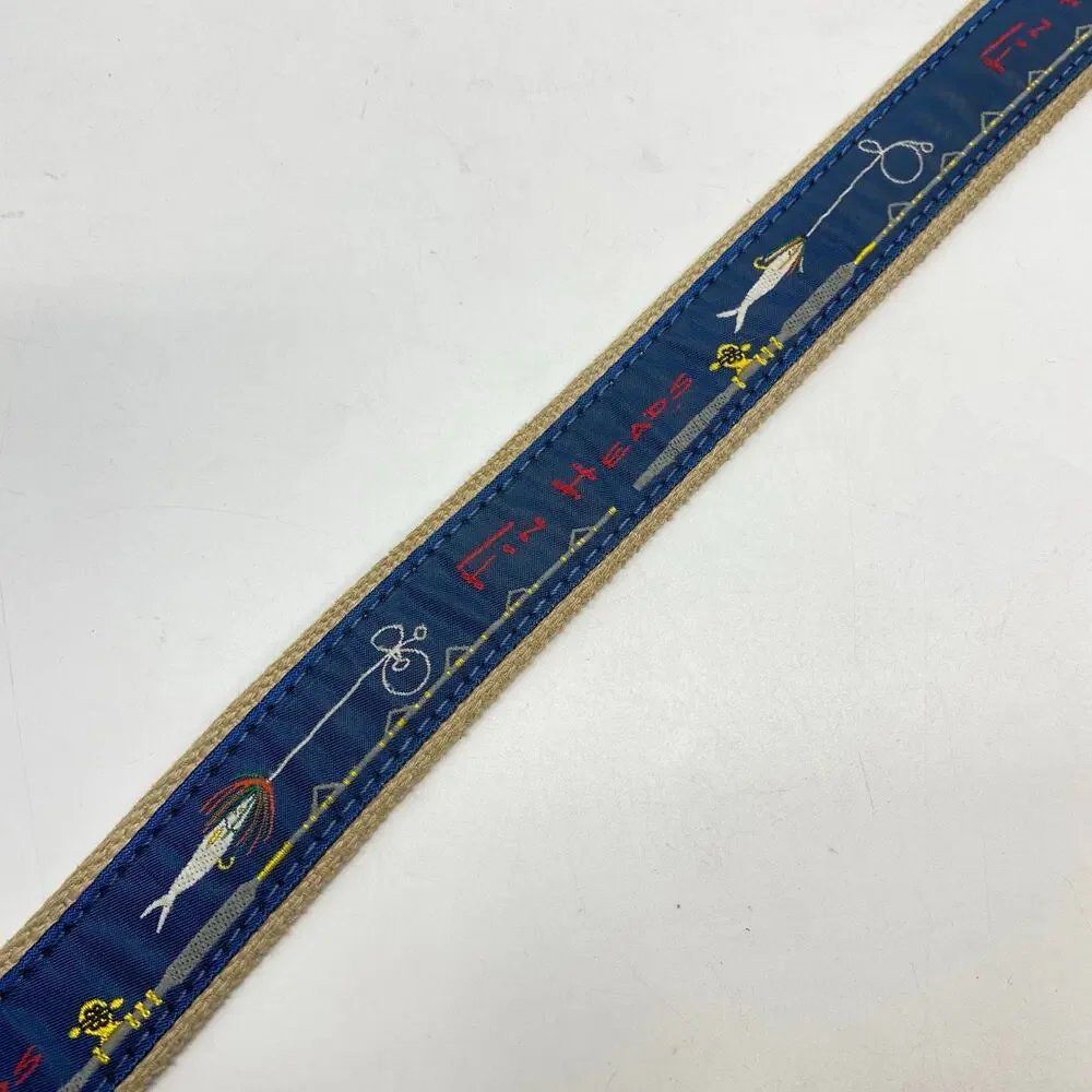 Vintage Fin Heads Mens 40 Leather Golf Belt Fishing Lure Embroidery Brass Buckle